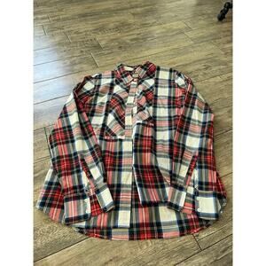 J.Crew Women's Cream Red Ruffle-Front Plaid Print Button Down Shirt Size 18